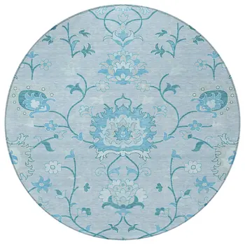 8' Sky Blue And Ivory Round Floral Washable Indoor Outdoor Area Rug