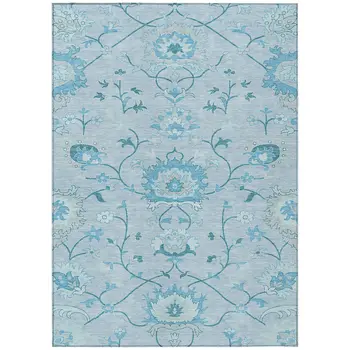 8' X 10' Sky Blue And Ivory Floral Washable Indoor Outdoor Area Rug