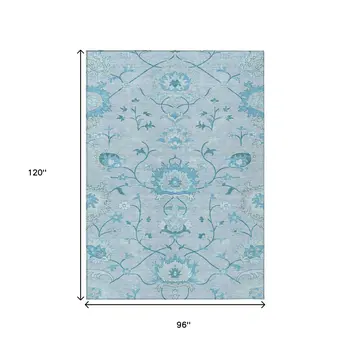8' X 10' Sky Blue And Ivory Floral Washable Indoor Outdoor Area Rug