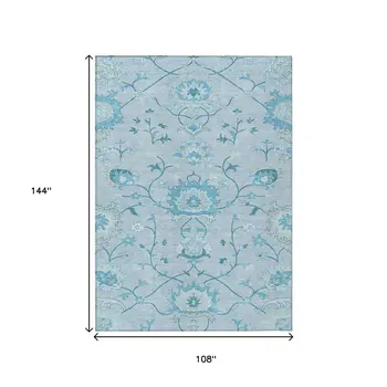 9' X 12' Sky Blue And Ivory Floral Washable Indoor Outdoor Area Rug