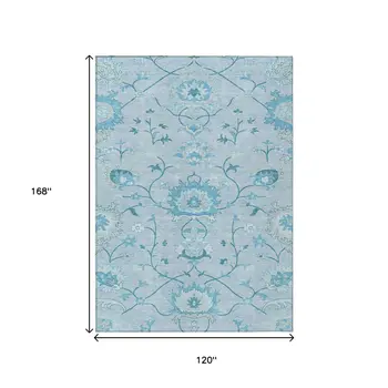 10' X 14' Sky Blue And Ivory Floral Washable Indoor Outdoor Area Rug