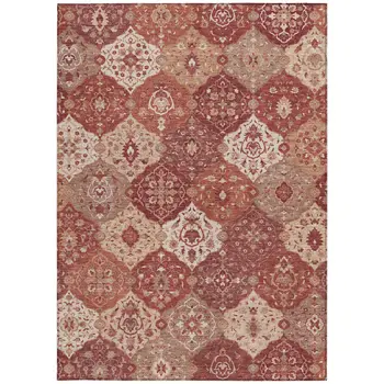 5' X 8' Rust Burgundy And Ivory Floral Medallion Washable Indoor Outdoor Area Rug