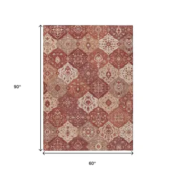 5' X 8' Rust Burgundy And Ivory Floral Medallion Washable Indoor Outdoor Area Rug