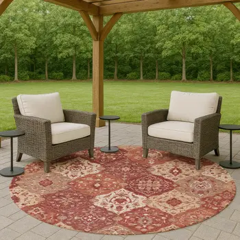 8' Rust Burgundy And Ivory Round Floral Medallion Washable Indoor Outdoor Area Rug