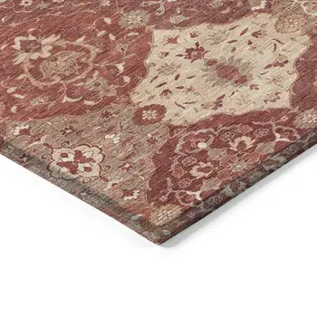 8' Rust Burgundy And Ivory Round Floral Medallion Washable Indoor Outdoor Area Rug