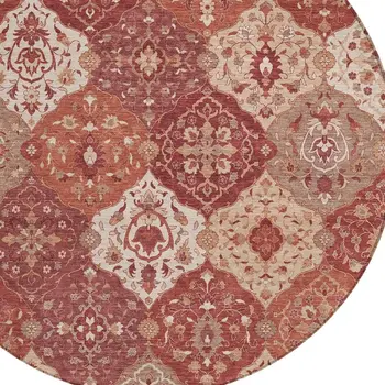 8' Rust Burgundy And Ivory Round Floral Medallion Washable Indoor Outdoor Area Rug