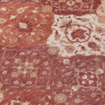 8' Rust Burgundy And Ivory Round Floral Medallion Washable Indoor Outdoor Area Rug
