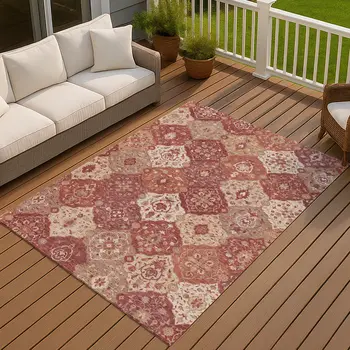 8' X 10' Rust Burgundy And Ivory Floral Medallion Washable Indoor Outdoor Area Rug