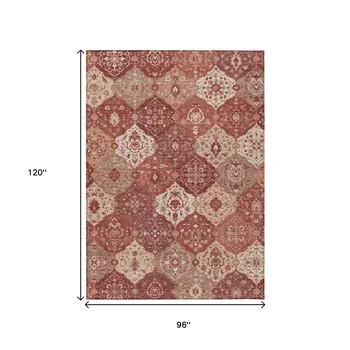 8' X 10' Rust Burgundy And Ivory Floral Medallion Washable Indoor Outdoor Area Rug