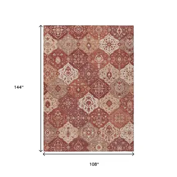 9' X 12' Rust Burgundy And Ivory Floral Medallion Washable Indoor Outdoor Area Rug