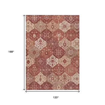 10' X 14' Rust Burgundy And Ivory Floral Medallion Washable Indoor Outdoor Area Rug