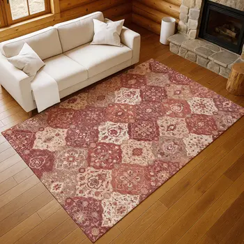 10' X 14' Rust Burgundy And Ivory Floral Medallion Washable Indoor Outdoor Area Rug