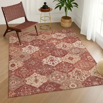10' X 14' Rust Burgundy And Ivory Floral Medallion Washable Indoor Outdoor Area Rug
