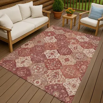10' X 14' Rust Burgundy And Ivory Floral Medallion Washable Indoor Outdoor Area Rug