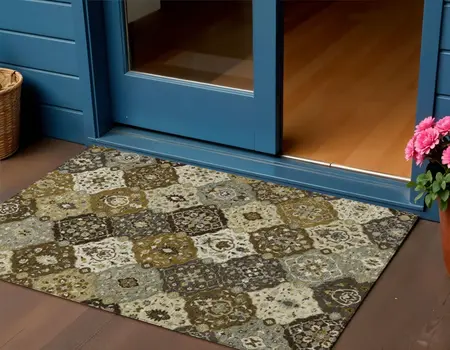 3' X 5' Brown Gray And Gold Floral Medallion Washable Indoor Outdoor Area Rug