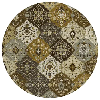 8' Brown Gray And Gold Round Floral Medallion Washable Indoor Outdoor Area Rug