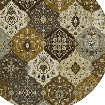 8' Brown Gray And Gold Round Floral Medallion Washable Indoor Outdoor Area Rug