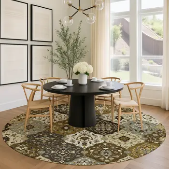 8' Brown Gray And Gold Round Floral Medallion Washable Indoor Outdoor Area Rug