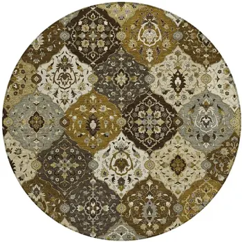 8' Brown Gray And Gold Round Floral Medallion Washable Indoor Outdoor Area Rug