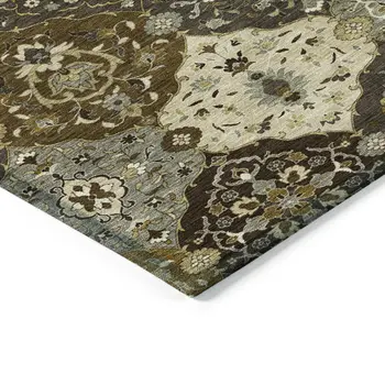8' X 10' Brown Gray And Gold Floral Medallion Washable Indoor Outdoor Area Rug