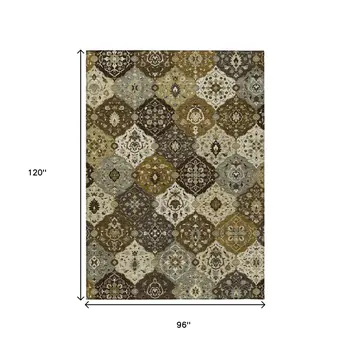 8' X 10' Brown Gray And Gold Floral Medallion Washable Indoor Outdoor Area Rug