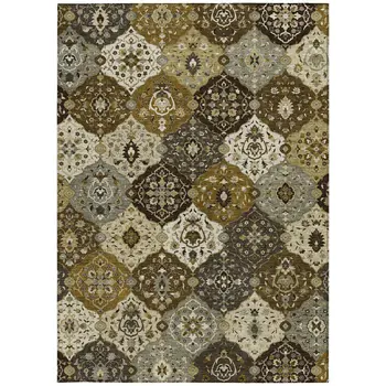 9' X 12' Brown Gray And Gold Floral Medallion Washable Indoor Outdoor Area Rug