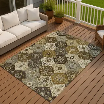 9' X 12' Brown Gray And Gold Floral Medallion Washable Indoor Outdoor Area Rug