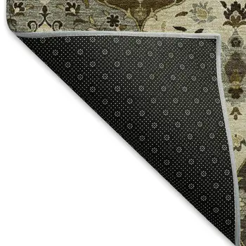 9' X 12' Brown Gray And Gold Floral Medallion Washable Indoor Outdoor Area Rug