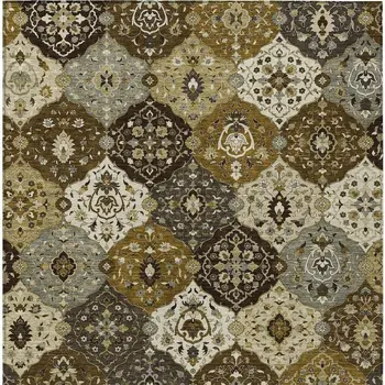 9' X 12' Brown Gray And Gold Floral Medallion Washable Indoor Outdoor Area Rug