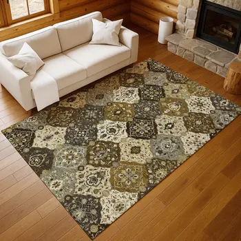 9' X 12' Brown Gray And Gold Floral Medallion Washable Indoor Outdoor Area Rug