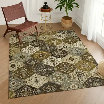 9' X 12' Brown Gray And Gold Floral Medallion Washable Indoor Outdoor Area Rug