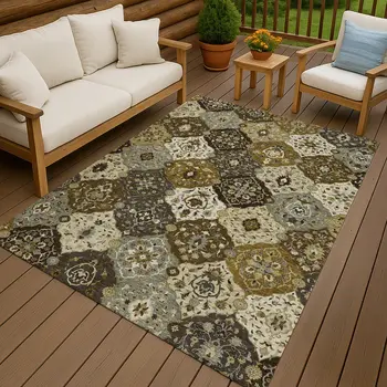 9' X 12' Brown Gray And Gold Floral Medallion Washable Indoor Outdoor Area Rug