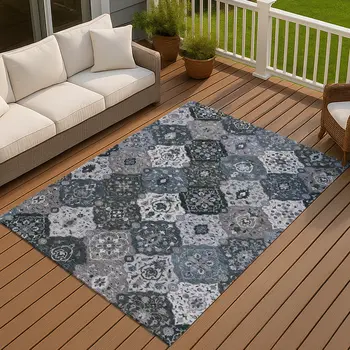 3' X 5' Denim Blue Gray And Ivory Floral Medallion Washable Indoor Outdoor Area Rug
