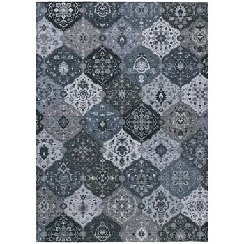 3' X 5' Denim Blue Gray And Ivory Floral Medallion Washable Indoor Outdoor Area Rug