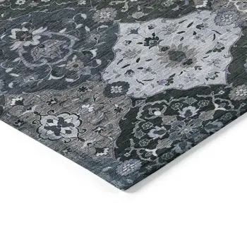 3' X 5' Denim Blue Gray And Ivory Floral Medallion Washable Indoor Outdoor Area Rug