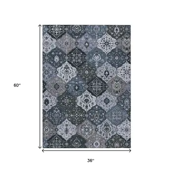 3' X 5' Denim Blue Gray And Ivory Floral Medallion Washable Indoor Outdoor Area Rug