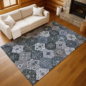 3' X 5' Denim Blue Gray And Ivory Floral Medallion Washable Indoor Outdoor Area Rug
