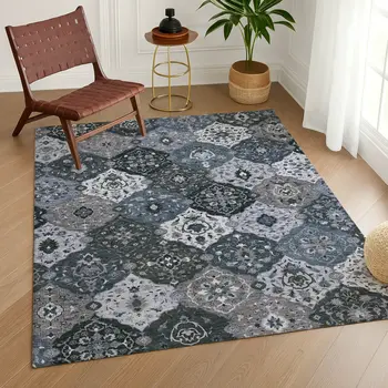 3' X 5' Denim Blue Gray And Ivory Floral Medallion Washable Indoor Outdoor Area Rug