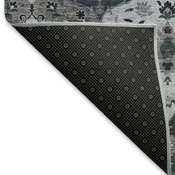 5' X 8' Denim Blue Gray And Ivory Floral Medallion Washable Indoor Outdoor Area Rug