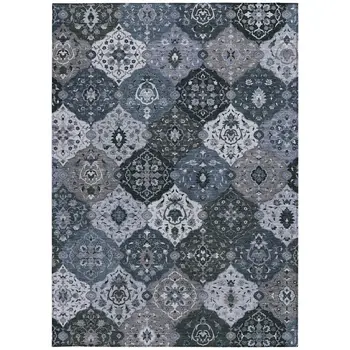 5' X 8' Denim Blue Gray And Ivory Floral Medallion Washable Indoor Outdoor Area Rug