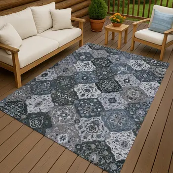 5' X 8' Denim Blue Gray And Ivory Floral Medallion Washable Indoor Outdoor Area Rug