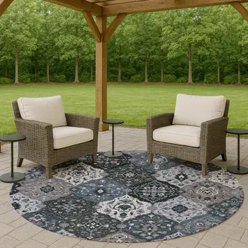8' Denim Blue Gray And Ivory Round Floral Medallion Washable Indoor Outdoor Area Rug