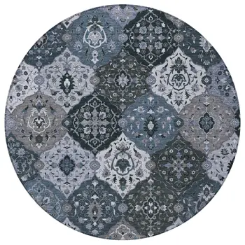 8' Denim Blue Gray And Ivory Round Floral Medallion Washable Indoor Outdoor Area Rug