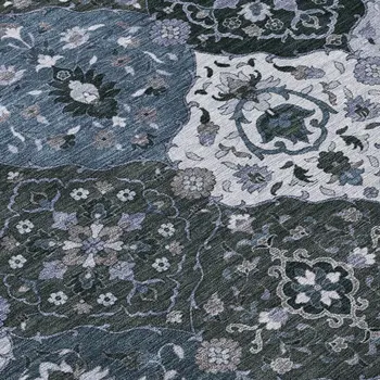 8' Denim Blue Gray And Ivory Round Floral Medallion Washable Indoor Outdoor Area Rug