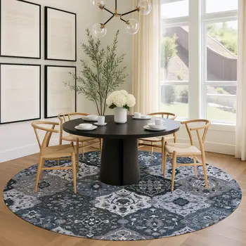 8' Denim Blue Gray And Ivory Round Floral Medallion Washable Indoor Outdoor Area Rug