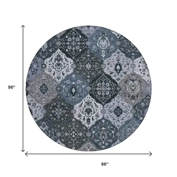 8' Denim Blue Gray And Ivory Round Floral Medallion Washable Indoor Outdoor Area Rug