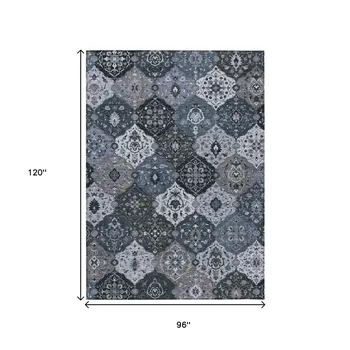 8' X 10' Denim Blue Gray And Ivory Floral Medallion Washable Indoor Outdoor Area Rug