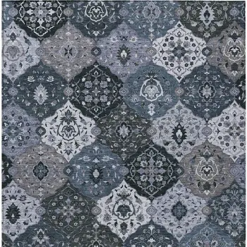 10' X 14' Denim Blue Gray And Ivory Floral Medallion Washable Indoor Outdoor Area Rug