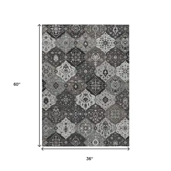 3' X 5' Gray Charcoal And Ivory Floral Medallion Washable Indoor Outdoor Area Rug