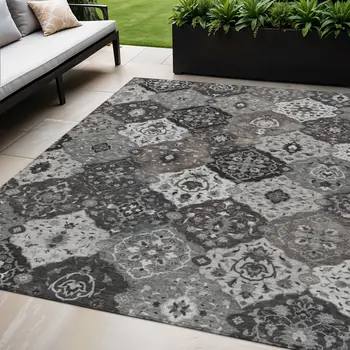 5' X 8' Gray Charcoal And Ivory Floral Medallion Washable Indoor Outdoor Area Rug